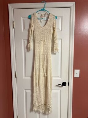 Fillyboo Cream Crochet Maxi Dress with Tassel Waist